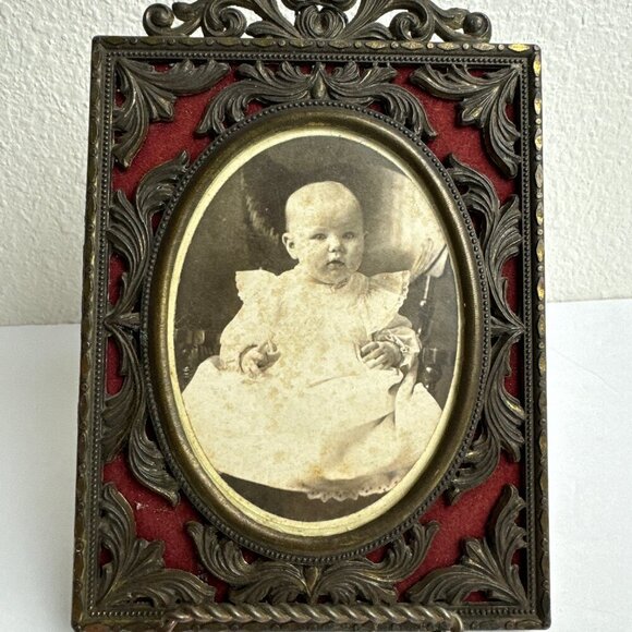 Antique Art Nouveau Heavy Metal Brass Picture Frame Ornate w/ Baby Photo 1850's